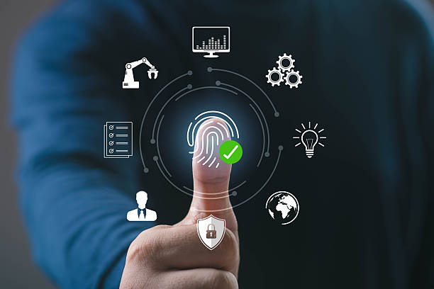 istock Finger pressing biometric fingerprint scanner with technology icons, representing cybersecurity, digital identity, data protection, and secure access in modern business systems. 2245997429