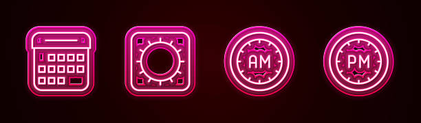 istock Set line Calendar, Sun, Morning time and Day. Glowing neon icon. Vector 2245998728