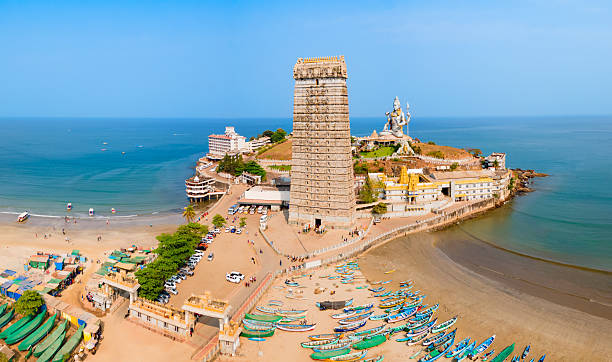 Murudeshwara Temple aerial panoramic view. Murudeshwara Temple is dedicated to lord shiva and located in Murdeshwar town in India.