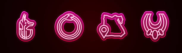istock Set line Egyptian anubis, Magic symbol of Ouroboros, Map and necklace. Glowing neon icon. Vector 2246001910