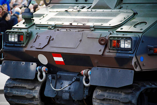 The caterpillar of the T-34 military tank of the Second World War. The concept of armed conflict