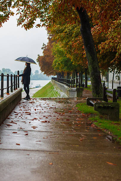 istock Woman with umbrella walking alone in the rain 2246004815