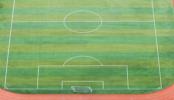 istock Top view of empty soccer field with goal posts 2246006648