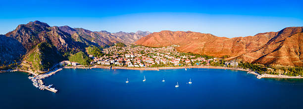 Icmeler city beach aerial panoramic view. Icmeler is a town near Marmaris city in Mugla Province, Turkey.