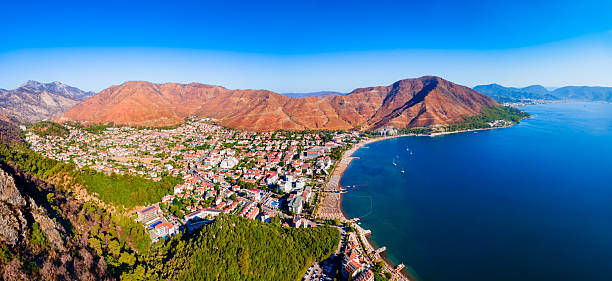 Icmeler city beach aerial panoramic view. Icmeler is a town near Marmaris city in Mugla Province, Turkey.