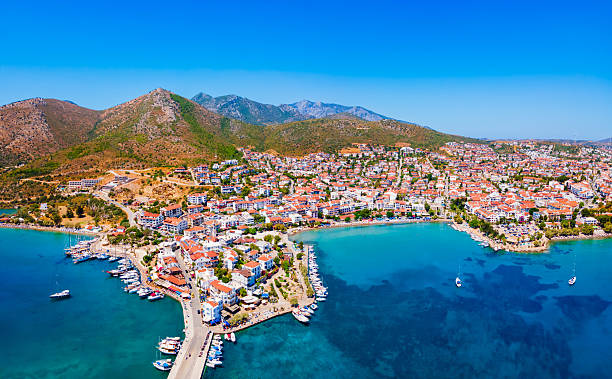 istock Datca beach and marina aerial panoramic view in Turkey 2246009097