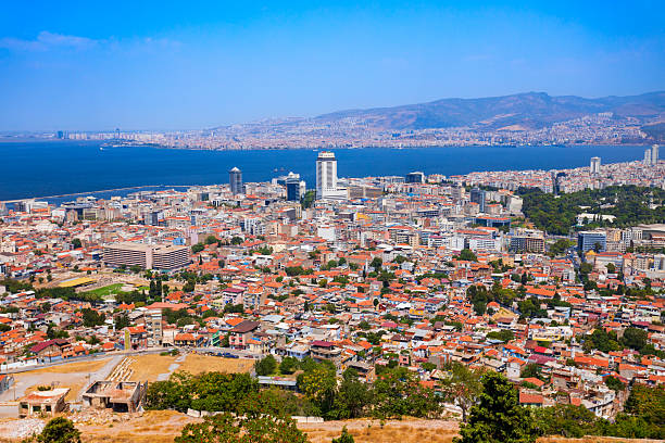 Izmir city centre aerial panoramic view. Izmir is a metropolitan city on the west coast of Anatolia and capital of Izmir Province in Turkey.