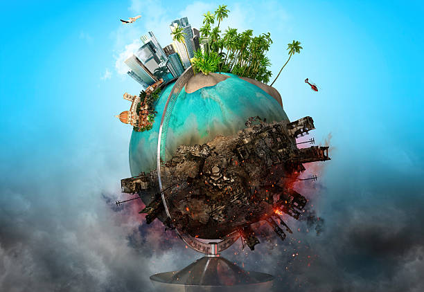 Miniature planet showing conflict between nature and destruction. Half of Earth covered in war fire, pollution and ruins, half with modern cities civilization and nature. Symbol of global crisis, ecology, and the future of humanity. Metaphor for climate change, sustainability, and the fragile balance