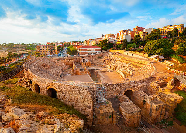Tarragona Amphitheatre aerial panoramic view. Tarragona Amphitheatre is a Roman amphitheatre in the city of Tarragona in the Catalonia region of Spain.
