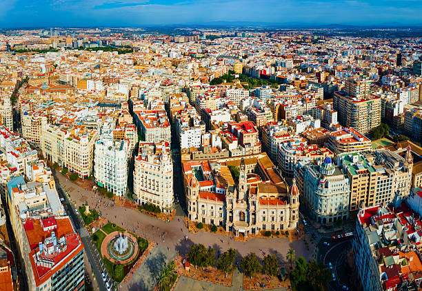 Valencia City Hall at the Plaza del Ajuntament square aerial panoramic view. Valencia is the third most populated municipality in Spain.