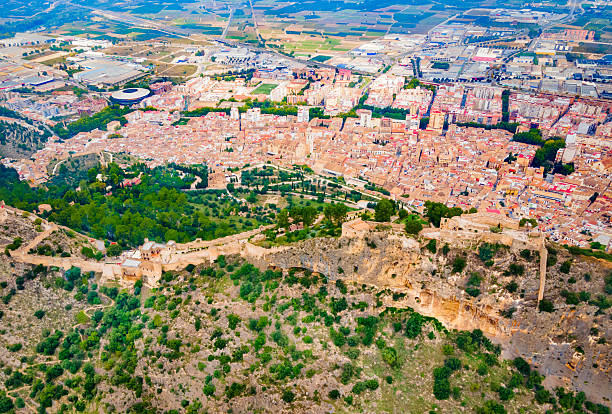 Xativa Castle aerial panoramic view. Castillo de Jativa is a castle located in the city of Xativa near Valencia in Spain.