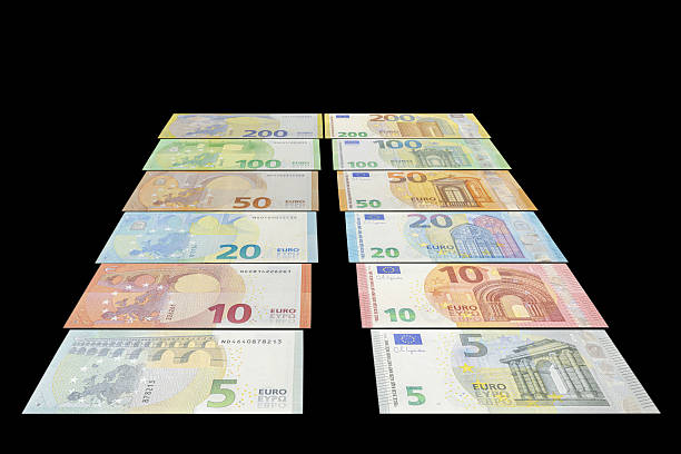 From one hundred to five euros arranged in neat parallel rows, in a tilted studio view.