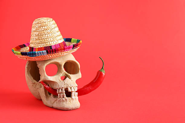 Human scull with Mexican sombrero hat and hot chili pepper on red background. Space for text