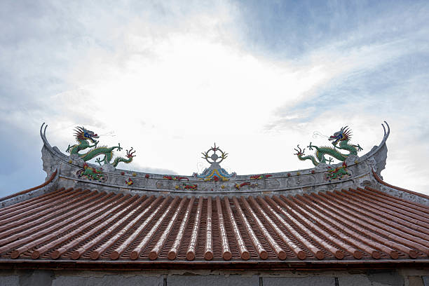 A vibrant display of traditional Chinese architecture featuring ornate dragon statues atop a red tiled roof, set against a clear sky. The intricate craftsmanship highlights cultural heritage and aesthetic appeal.