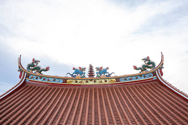 A vibrant display of traditional Chinese architecture featuring ornate dragon statues atop a red tiled roof, set against a clear sky. The intricate craftsmanship highlights cultural heritage and aesthetic appeal.