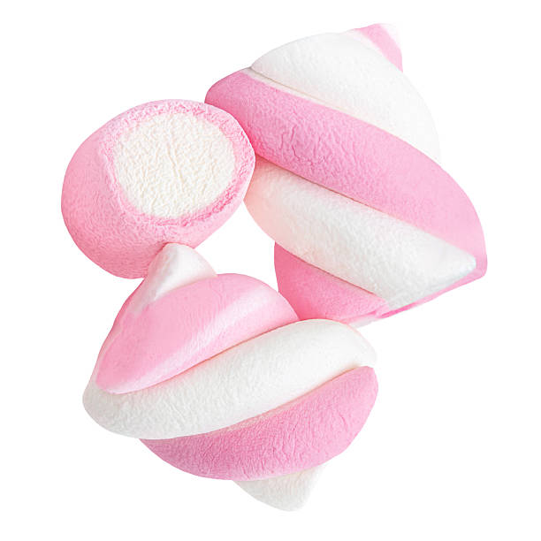 istock Flying fluffy Marshmallow isolated on white. Explosion. HighQuality Levitating Marshmallow. Levitating Twisty marshmallow Top view. Flat lay.  2246021245