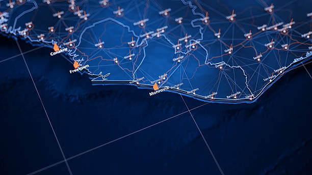 istock Monrovia map big data visualization. Futuristic map infographic of city in Liberia. Visual map data complexity in modern blue and orange colors 2246024211