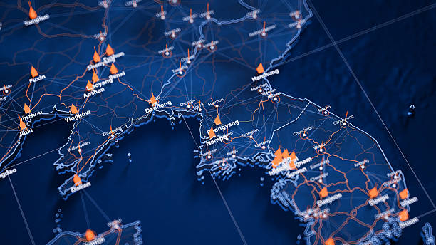 istock Pyongyang map big data visualization. Futuristic map infographic of city in North Korea. Visual map data complexity in modern blue and orange colors 2246024506