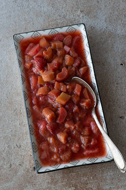 Rhubarb and strawberry compote in a rectangular dish