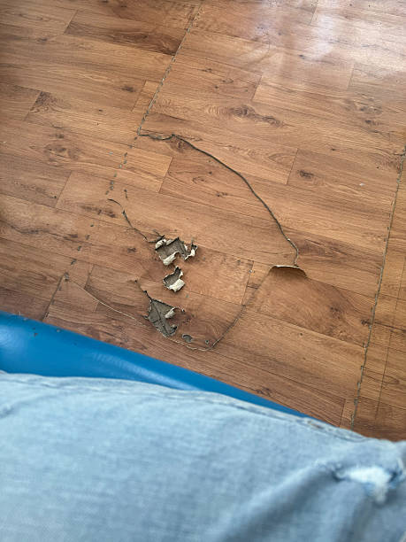 istock Damaged wooden laminate floor with peeled surface 2246033874