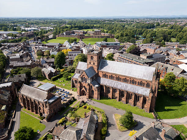 Aerial view of Carlisle Cathedral with the castle in the background
