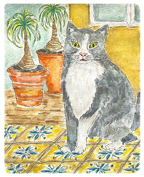 istock Cat with flowers, postcard watercolor illustration 2246040245