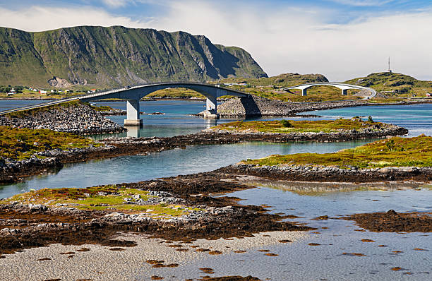 Scenic view of the curved Fredvang Bridges (Kubholmleia Bridge and Rossoystraumen Bridge) linking small islands across turquoise waters with mountain backdrop.