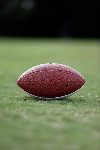 American football, rugby ball on green grass field background