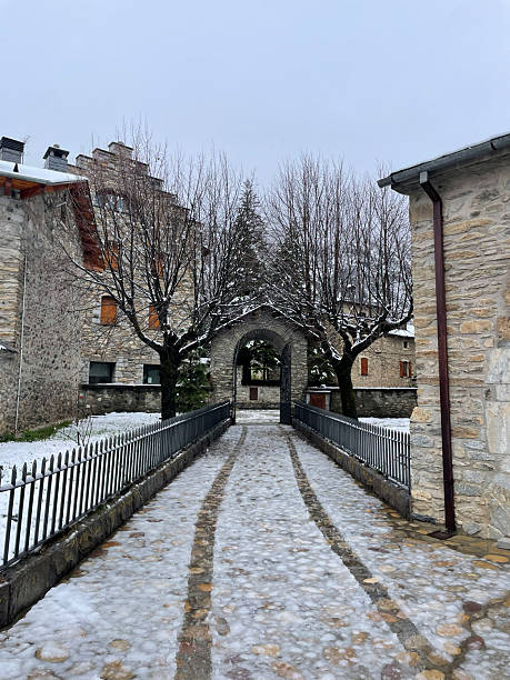 istock Snowy stone courtyard with arched gate and trees 2246057007