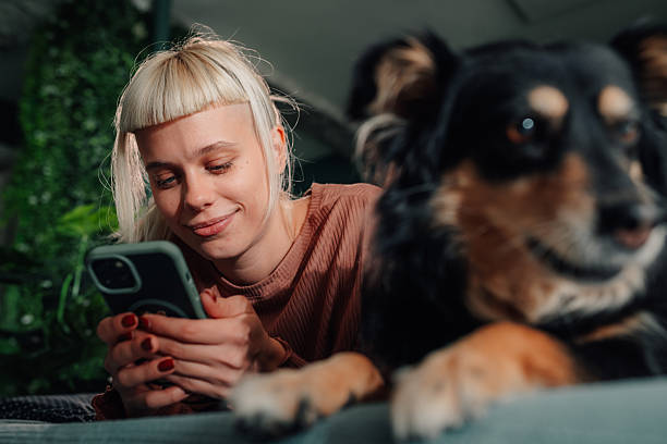 istock Woman smiling, texting on smartphone with dog 2246058564