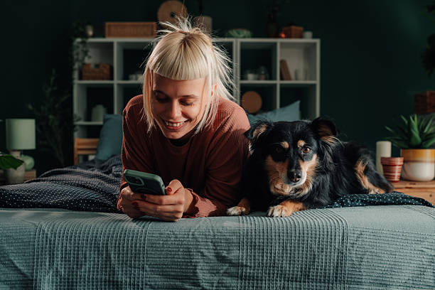 istock Woman relaxing in bed with dog using smartphone 2246058582