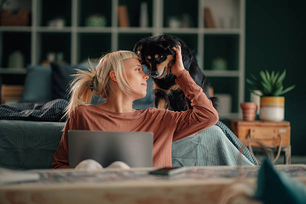 istock Woman petting dog while working from home 2246058853