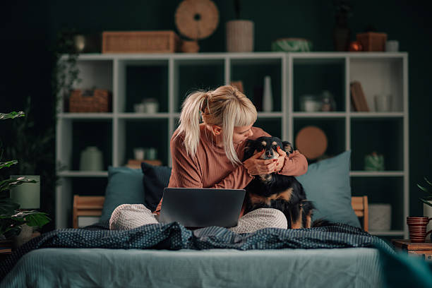 istock Woman petting dog while working on laptop in bed 2246058951