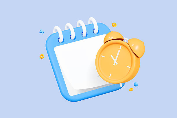 istock 3D Calendar and Alarm clock. Planning concept. Office work and deadline. Event agenda. Time to plan. Business meeting. Cartoon design icon isolated on blue background. 3D Vector illustration 2246059935