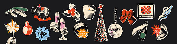 Christmas halftone art collage cut outs set. Various digital scrapbook paper clippings, New Year stickers with vintage dot texture and doodles. Modern retro vector illustration for mixed media design
