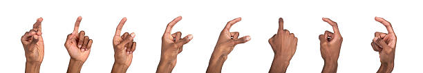 istock Finger pointing gesture. Black-skinned male hand with outstretched index finger pressing, tapping or 2246062562