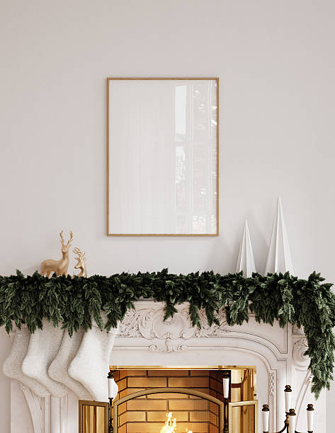 istock Christmas poster frame mockup in Scandinavian interior with fireplace and decoration 2246064200