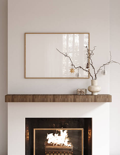 istock Christmas poster frame mockup in Scandinavian interior with fireplace and decoration 2246064243