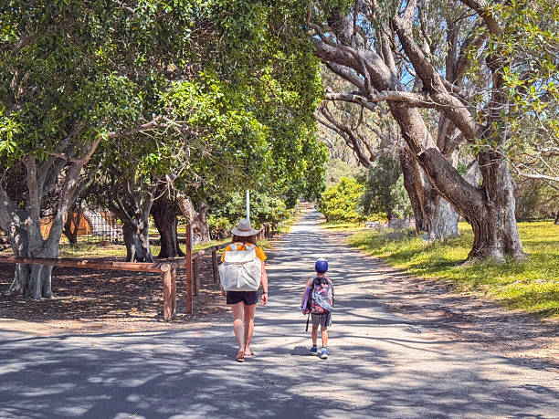 istock Two People Walking Along a Shaded Path in a Perth Park with Backpacks 2246072971