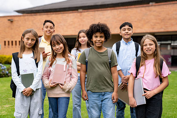 istock Happy group of primary students smiling at the school 2246082366