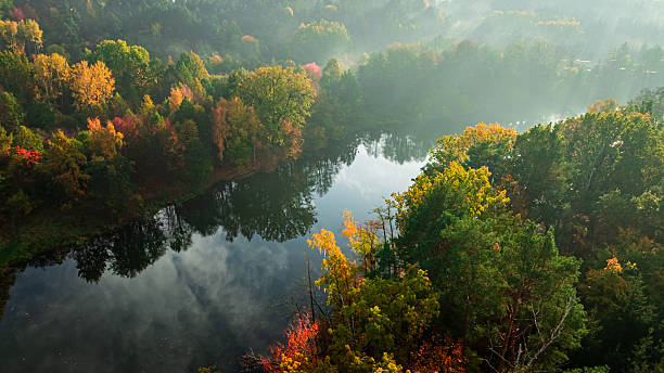 istock Colorful forest and hazy river in autumn at sunrise. 2246082490