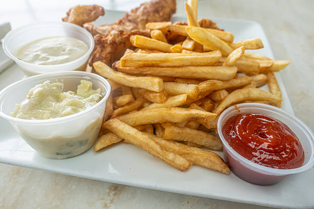 Fish and chip meal at restaurant ready to serve