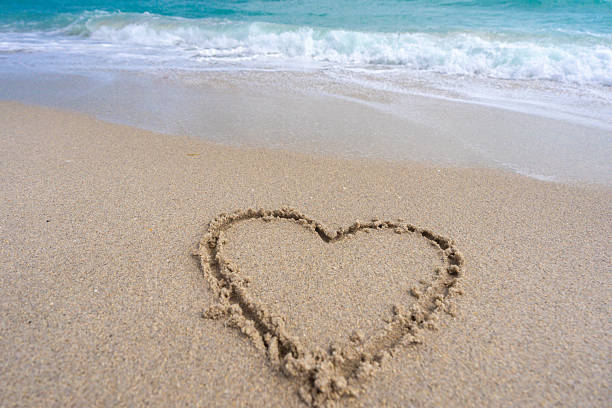 istock Ocean waves background. Tropical ocean waves. Blue seaside view. Heart drawn in sand. Waves forming a heart shape sign. Love on beach. Romantic summer. Heart made of sand. Love and ocean waves. 2246084566