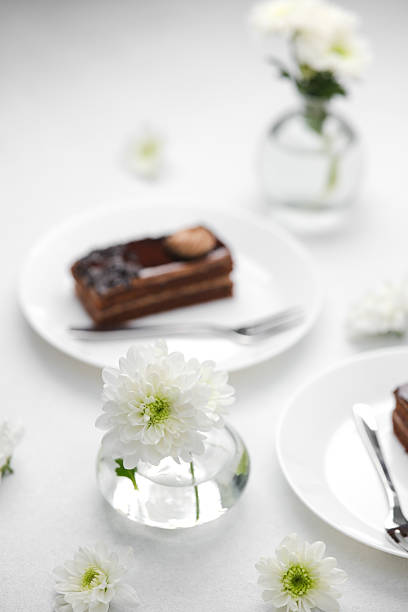 Layered chocolate cake with white flowers on a white table