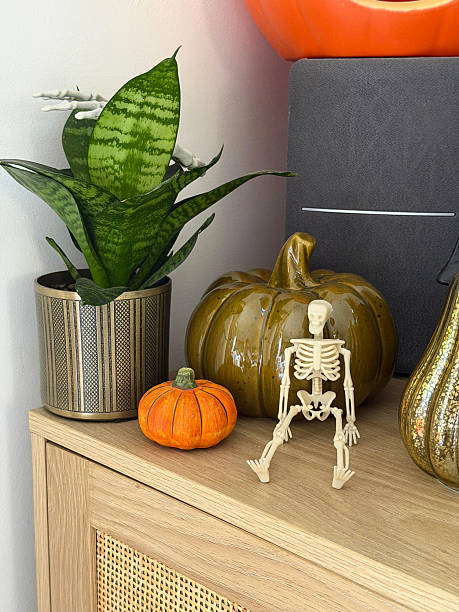 istock Close-up image Halloween decoration display arranged on wooden sideboard, stack of orange Jack O'lanterns on speaker, glazed china gourds and pumpkin, plastic skeleton, black model house, potted plants, focus on foreground 2246085789
