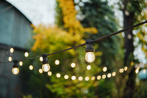 istock String lights glow warmly outdoors with bokeh trees and building in soft focus background. 2246085819