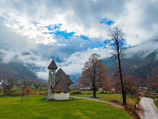 Aerial view of Thethi in autumn, Albanian Alps