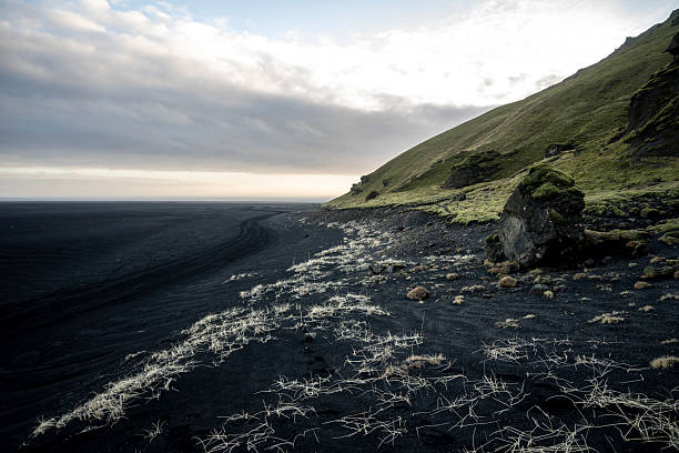 Icelandic volcanic landscape with black sand dunes and cliffs.