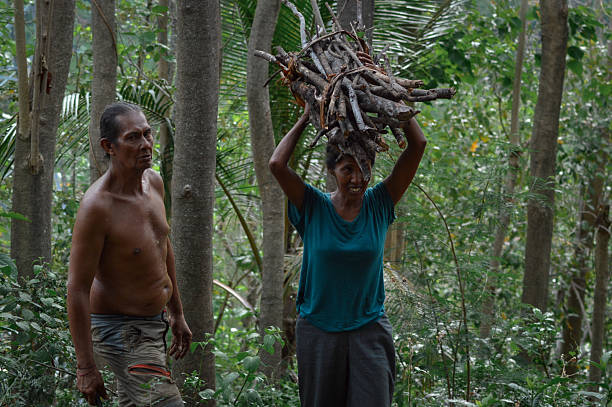 istock Rural Wife Confidently Carrying Firewood Bundle on Head While Husband Watches 2246092670