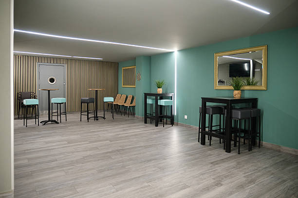 Modern bar interior with led strip lights illuminating the space